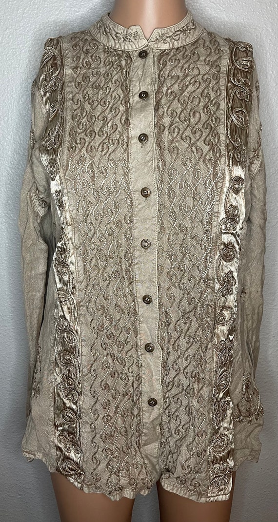 Cream colored embroidered button-down, long sleeve