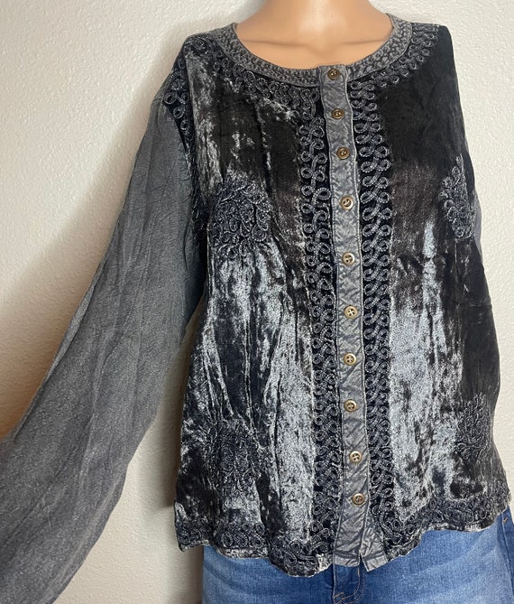 Blue/gray crushed velvety button down top with em… - image 4