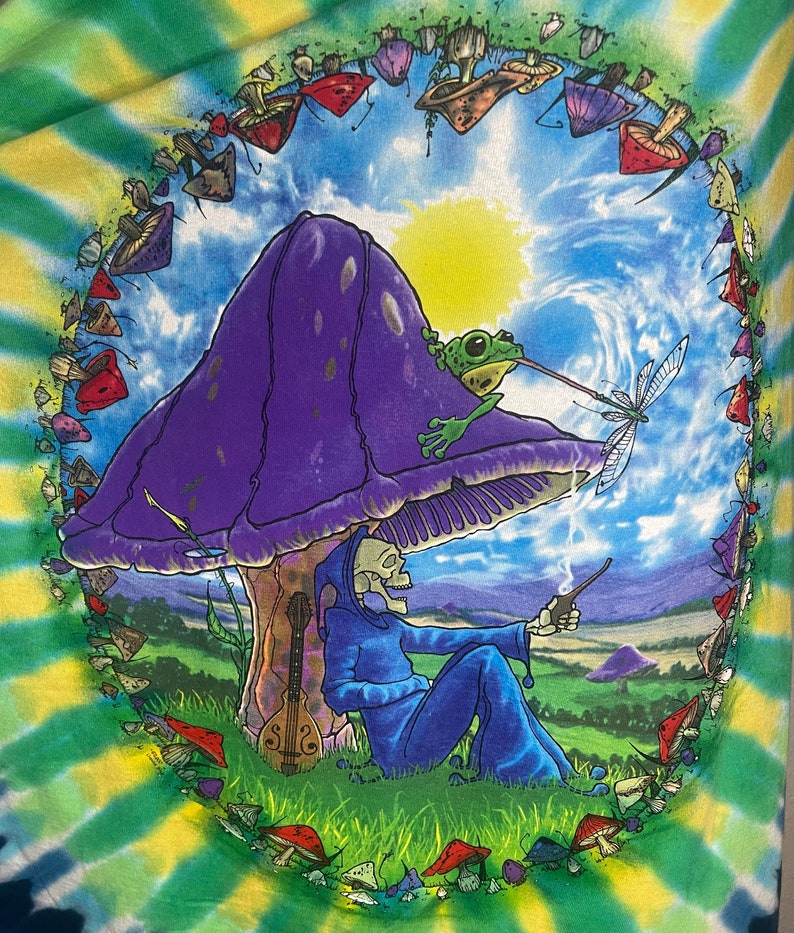 以下が含まれることがあります： タイダイTシャツ、カラフルなグラフィック。デザインは、カエルと青いローブを着た骸骨の姿を持つ紫色のキノコが特徴です。キノコの輪が中心の画像を囲み、青い空と緑の風景を背景にしています。