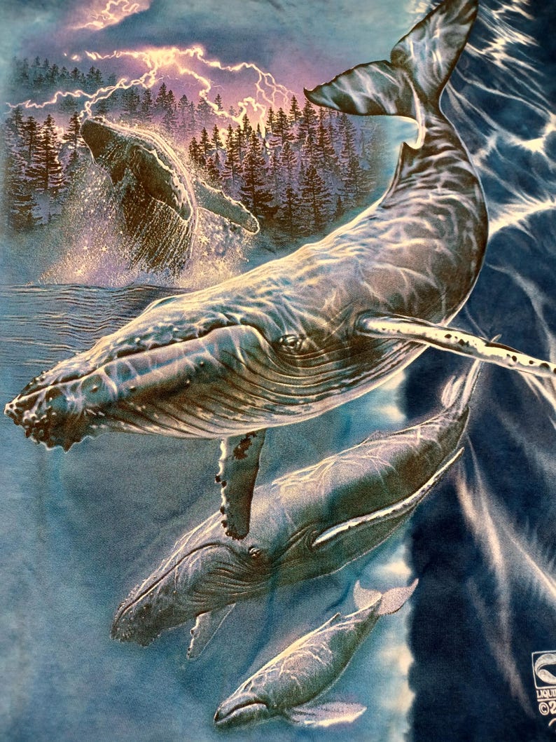 May include: A blue t-shirt with a detailed illustration of humpback whales in the ocean. The design includes whales breaching the water's surface, a forest, and a lightning storm in the background. The whales are depicted in shades of grey and blue.