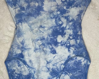 Blue tie dye one piece swim suit, vintage. Size small.