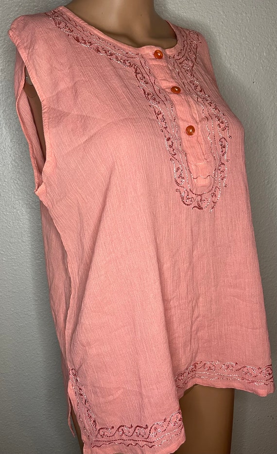Peach colored gauzy, flowy tank top with embroider
