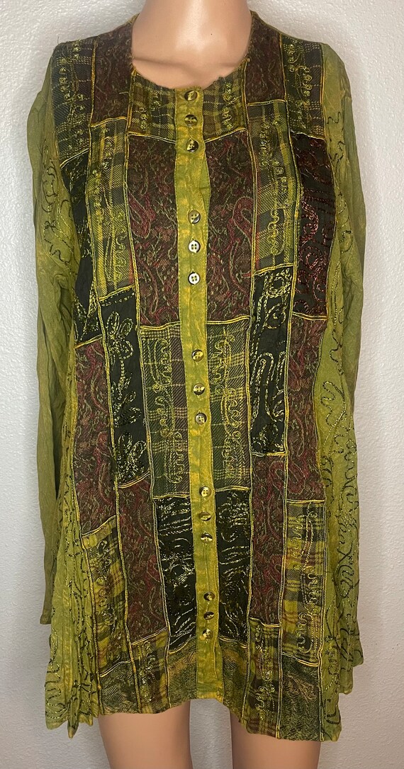 Green patchwork long sleeve button down blouse wi… - image 2