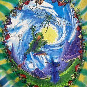 以下が含まれることがあります： カエル、トンボ、キノコ、音楽家を特徴とする気まぐれなデザインのタイダイTシャツ。 アートワークは、渦巻く青い空と緑の風景を背景に、キノコのボーダーで設定されています。