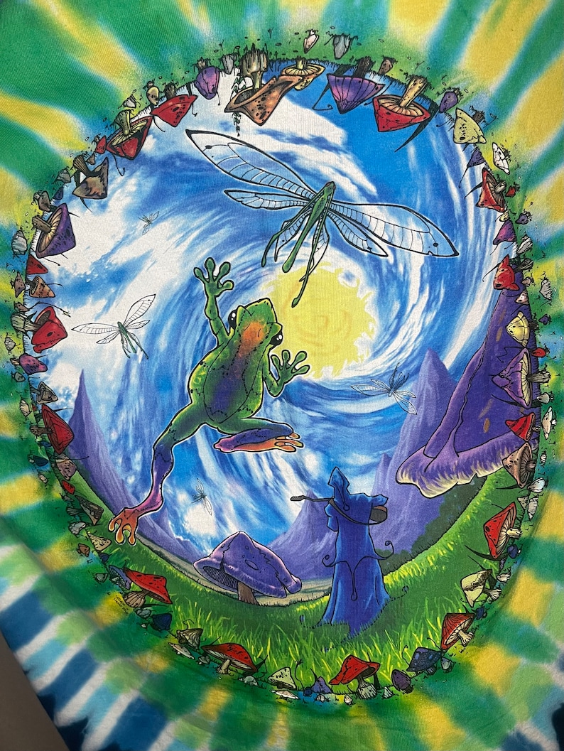 以下が含まれることがあります： カエル、トンボ、キノコ、音楽家を特徴とする気まぐれなデザインのタイダイTシャツ。 アートワークは、渦巻く青い空と緑の風景を背景に、キノコのボーダーで設定されています。