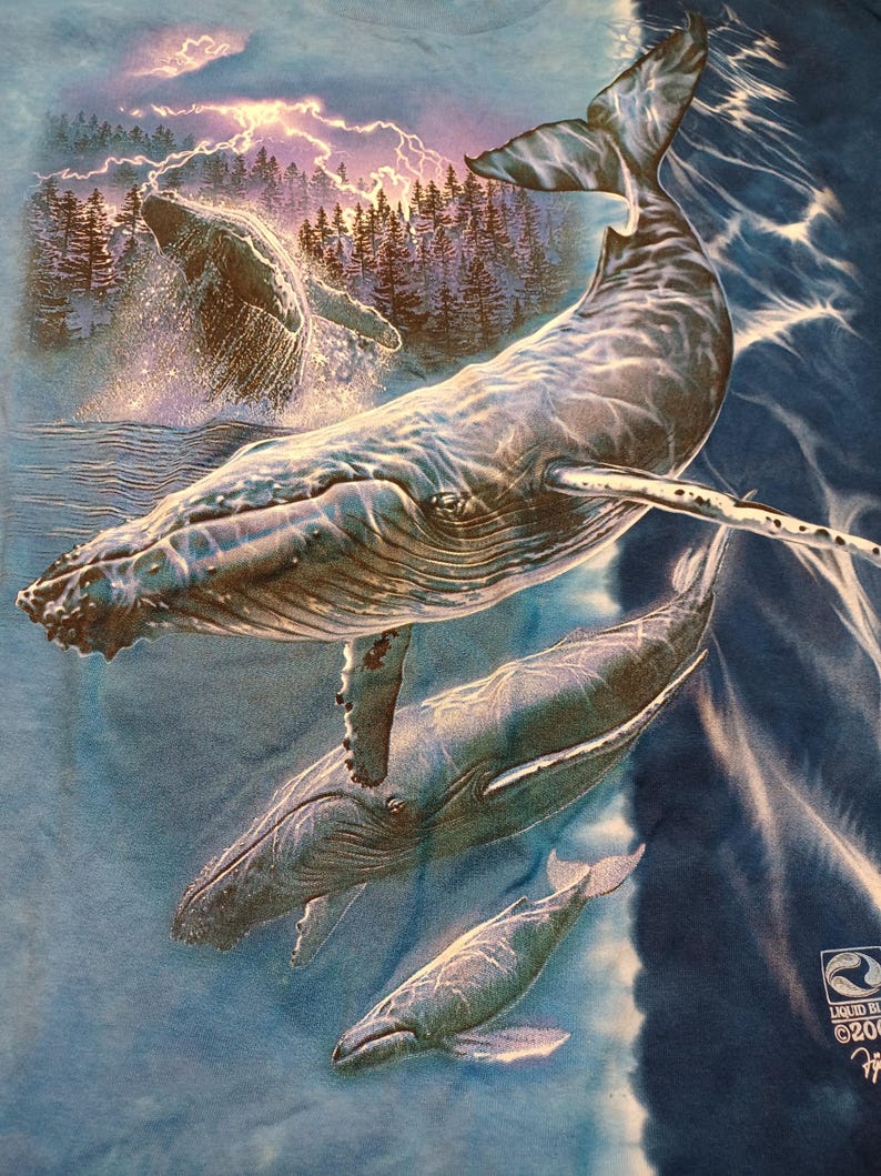 May include: Blue t-shirt with a detailed illustration of humpback whales in the ocean. The design includes whales breaching the water, with a forest and lightning in the background. The shirt has a Liquid Blue &copy;2006 logo.