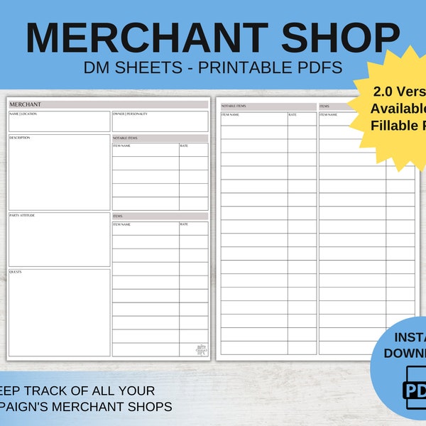 Minimalist - Merchant Shop DM Sheets Version 2.0 - DnD 5E - Fillable PDF