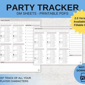 May include: A printable PDF party tracker sheet for Dungeons and Dragons role-playing games. The sheet has spaces for 12 players and includes initiative, AC, HP, and notes sections. The sheet is designed to help Dungeon Masters keep track of their players' characters.