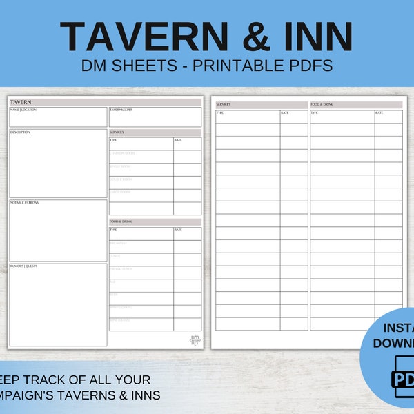 Minimalist - Tavern & Inn DM Sheets - DnD 5E - Printable PDF