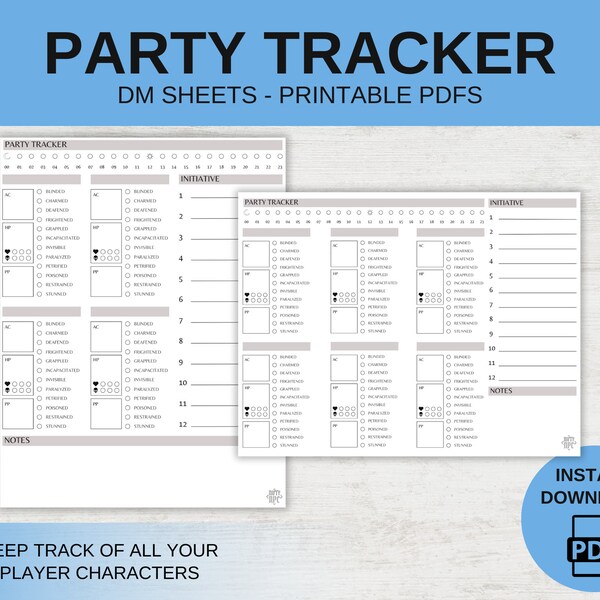 Minimalist -Party Tracker DM Sheets - DnD 5E - Printable PDF