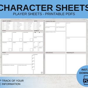 Minimalist - Character Info Player Sheets - DnD 5E - Printable PDF