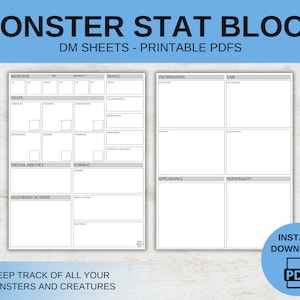 Minimalista - Fogli DM blocco statistiche mostri - DnD 5E - PDF stampabile