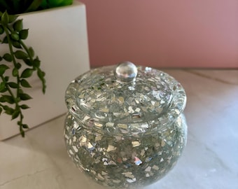 Trinket Jar With Lid, Silver Resin Sparkle Jar