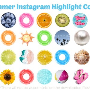 Könnte beinhalten: Ein Set mit 12 Instagram-Highlight-Covern zum Thema Sommer. Die Cover zeigen Bilder von verschiedenen sommerlichen Gegenständen, darunter eine Ananas, ein Strandball, eine Muschel, eine Sonnenblume, eine Limette, eine Kiwi, ein Schwimmring, eine Sonne, eine Strandszene, eine Perle, Blaubeeren und ein Paar Flip-Flops. Der Text "Good Vibes" ist auf einem der Cover zu sehen.