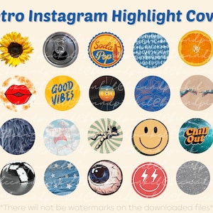 Retro Instagram Highlight Covers | 20 PNG Instant Digital Downloads for Social Media and Design| Edgy, Orange, Blue, Aesthetic, 60s, 70s