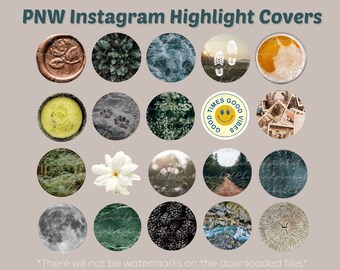 May include: A set of 18 Instagram highlight covers featuring images related to the Pacific Northwest (PNW) region. The images include nature scenes, coffee, and a smiley face with the text "Good Times Good Vibes".