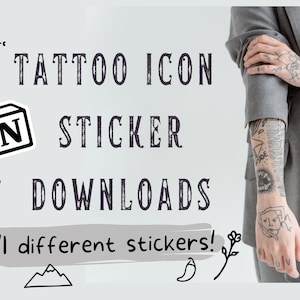 May include: A white background with black and gray text that reads "Tattoo Icon Sticker Downloads 71 different stickers!"  There are several black and white illustrations of various icons, including a compass, sun, cloud with lightning, a mountain, a chili pepper, a flower, and a letter N in a box.
