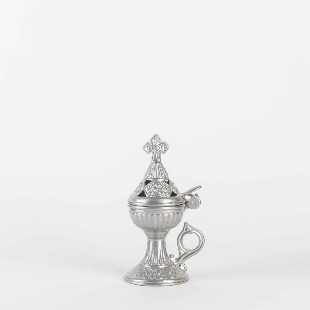 Greek Orthodox Incense Burner, Livanistiri Silver Metal With Handle