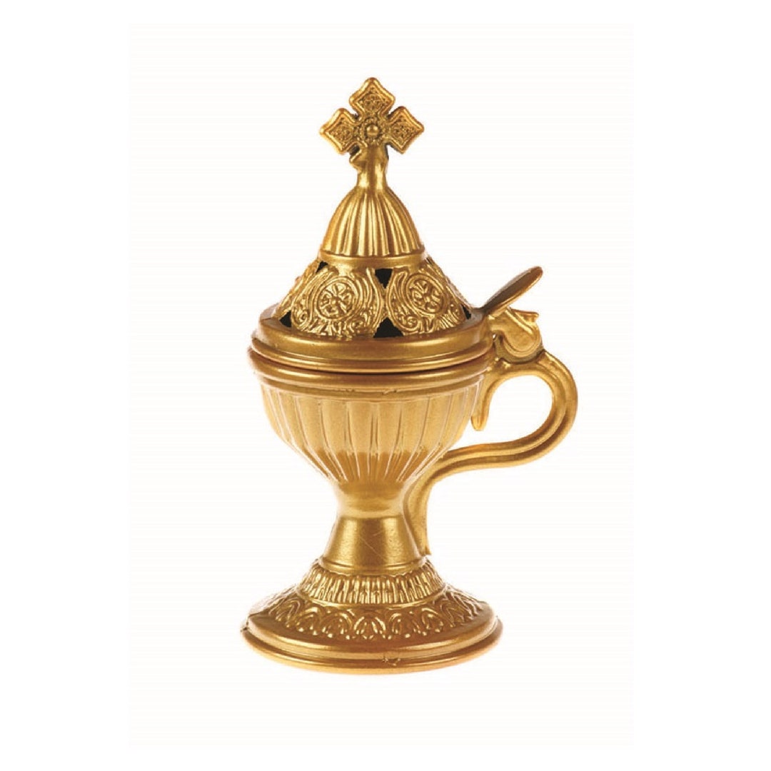 Greek Orthodox Incense Burner, Livanistiri Gold Metal With Handle