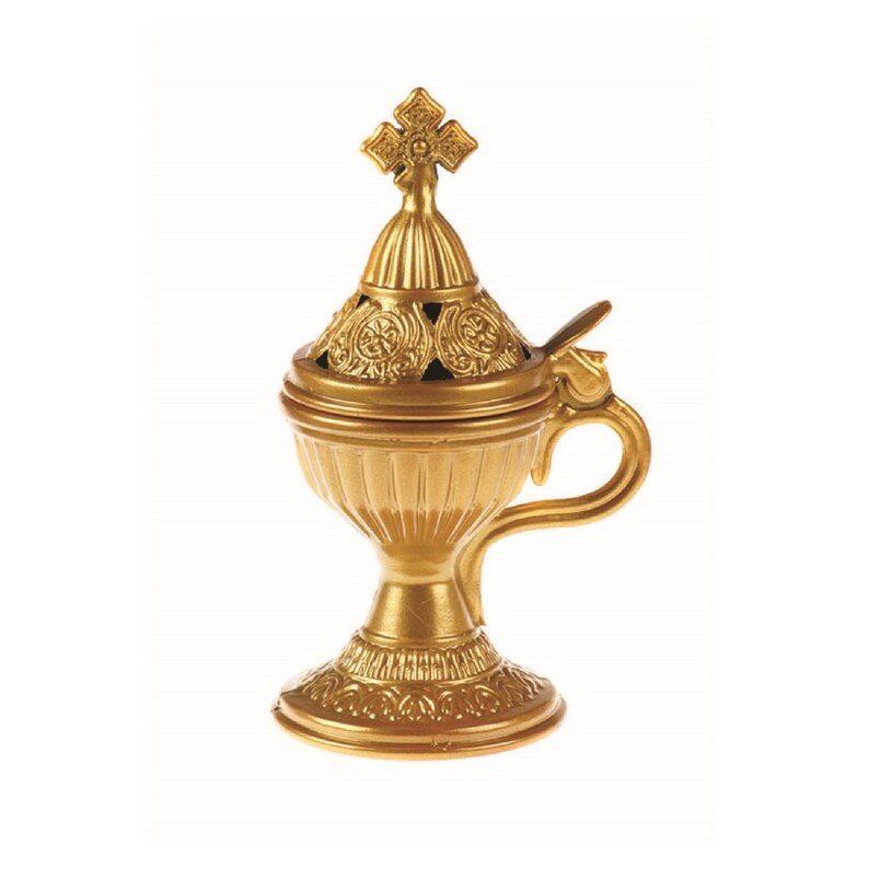 Greek Orthodox Incense Burner, Livanistiri Gold Metal With Handle