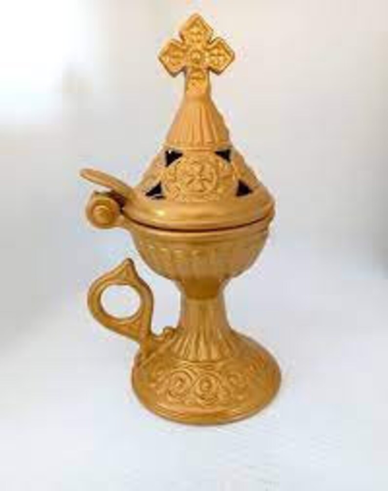 Greek Orthodox Incense Burner, Livanistiri Gold Metal With Handle