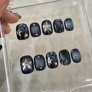 black silver star nails/ custom press on nails/ hand made Press on Nails/Faux Acrylic Nails/ Gel Nails/Press on Nails