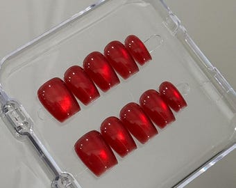 Red Cat Eye Press On Nails: Handmade Faux Acrylic Gel Nails