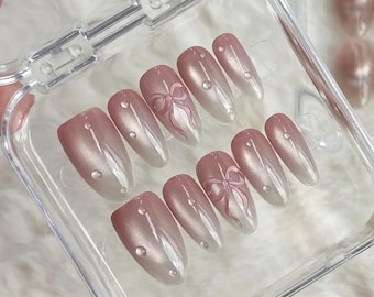 Unhas postiças com laço 3D Ombré: unhas de gel acrílico falsas estilo olho de gato