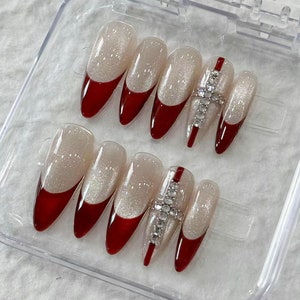 Red French Cat Eye Press On Nails: Handmade Faux Acrylic Gel Nails