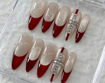 Red French Cat Eye Press On Nails: Handmade Faux Acrylic Gel Nails