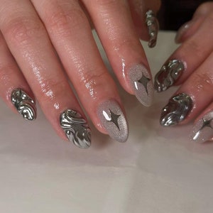 3d silver chrome star nails/ custom press on nails/ hand made Press on Nails/Faux Acrylic Nails/ Gel Nails/Press on Nails