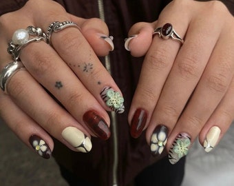 3D Flower Hand-Painted Press On Nails: French Tip Faux Acrylic Gel Nails