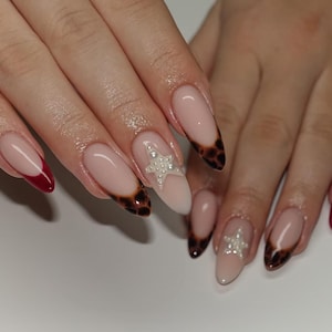 leopard french star nails/ custom press on nails/ hand made Press on Nails/Faux Acrylic Nails/ Gel Nails/Press on Nails