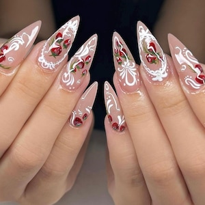 hand painted lace strawberry nails/ custom press on nails/ hand made Press on Nails/Faux Acrylic Nails/ Gel Nails/Press on Nails