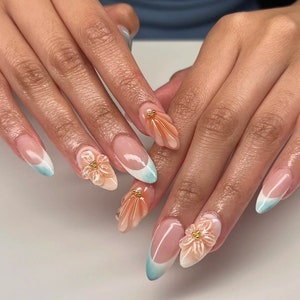 3D Flower French Tip Press On Nails: Handmade Faux Acrylic Gel Nails