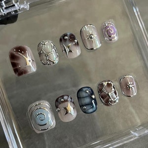 silver chrome 3d nails/ custom press on nails/ hand made Press on Nails/Faux Acrylic Nails/ Gel Nails/Press on Nails