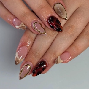 Tortoise Shell 3D French Press On Nails: Handmade Faux Acrylic Gel Nails