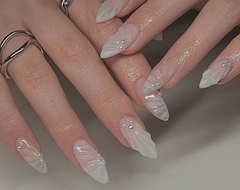 Milky White Mermaid Press On Nails: Handmade Faux Acrylic Gel Nails