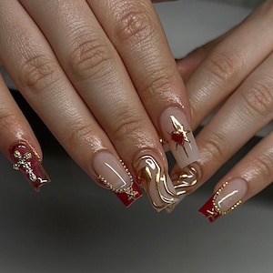 golden red french nail/ custom press on nails/ hand made Press on Nails/Faux Acrylic Nails/ Gel Nails/Press on Nails