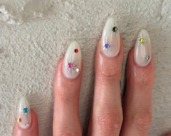 Milky White Star Press On Nails: Handmade Faux Acrylic Gel Nails