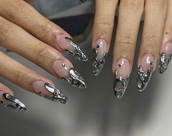 Silver Chrome 3D Press On Nails: Handmade Faux Acrylic Gel Nails