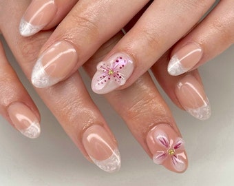 Pearl White French Flower Press On Nails: Handmade Faux Acrylic Gel Nails