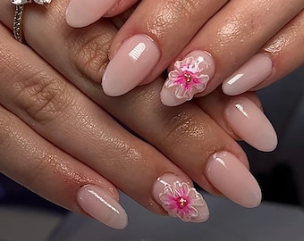 3D Pink Flower Press On Nails: Hand-Painted Faux Acrylic Gel Nails