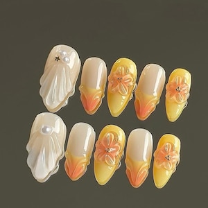 3d flower hand painted nails/ custom press on nails/ hand made Press on Nails/Faux Acrylic Nails/ Gel Nails/Press on Nails