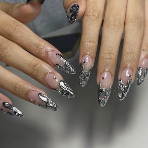 silver chrome 3d nails/ custom press on nails/ hand made Press on Nails/Faux Acrylic Nails/ Gel Nails/Press on Nails