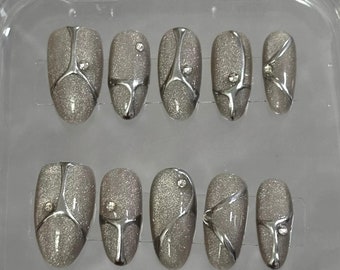 Chrome Glitter Cat Eye Press On Nails: Handmade Faux Acrylic Gel Nails