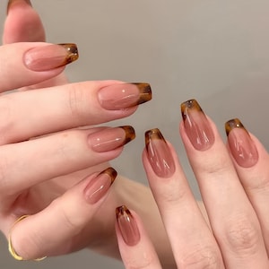 Tortoise Shell French Tip Press On Nails: Hand Painted Y2K Style