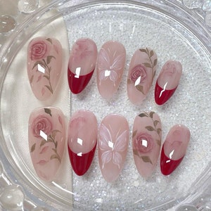 Butterfly Rose French Tip Press On Nails: Hand-Painted Faux Acrylic Gel Nails
