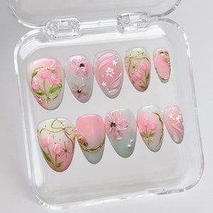 3d flower nails/ custom press on nails/ hand made Press on Nails/Faux Acrylic Nails/ Gel Nails/Press on Nails