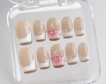 3D Flower Press On Nails: White French Tip, Y2K Acrylic Nails